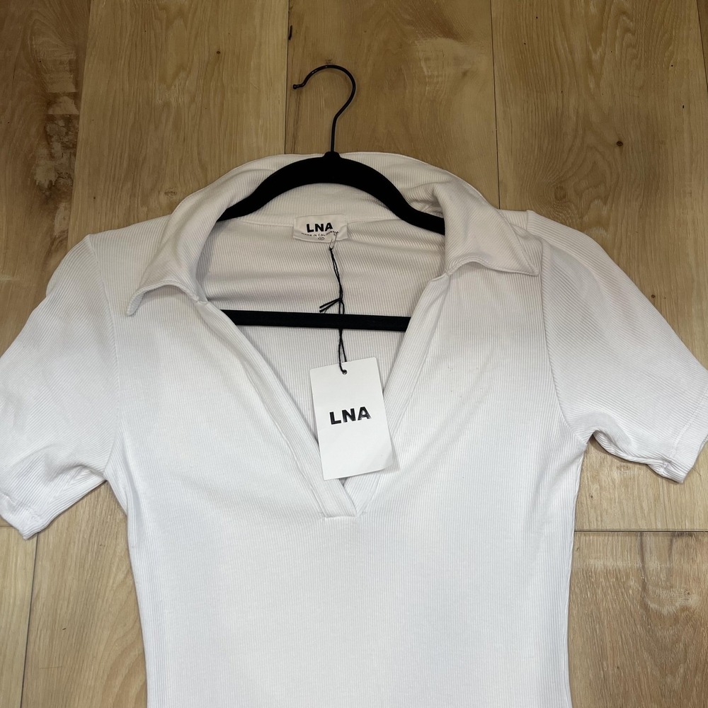 LNA Dress Womens Medium White Ribbed Collared Short Sleeve Bodycon Midi Casual - Picture 2 of 8